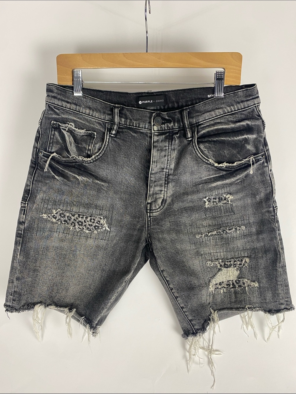 Purple Brand P020 Distressed Denim Shorts Charcoal Black Approx 32